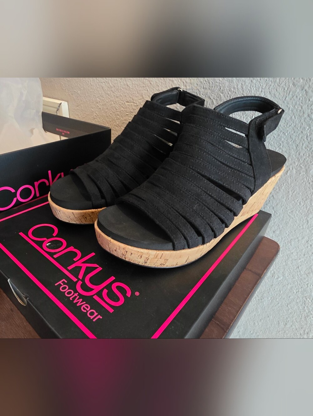 Corkys Black Strappy Cork Wedge Sandals "OOPSIE DAISY" SIZE 8